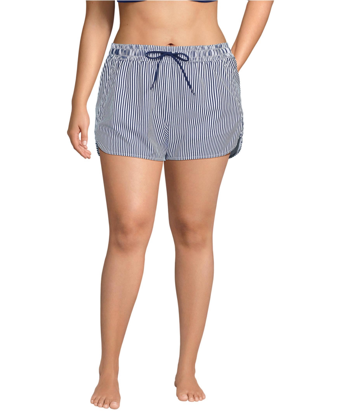 Plus Size 3&#x22; Packable Cover-up Swim Shorts - Deep sea navy mini stripe