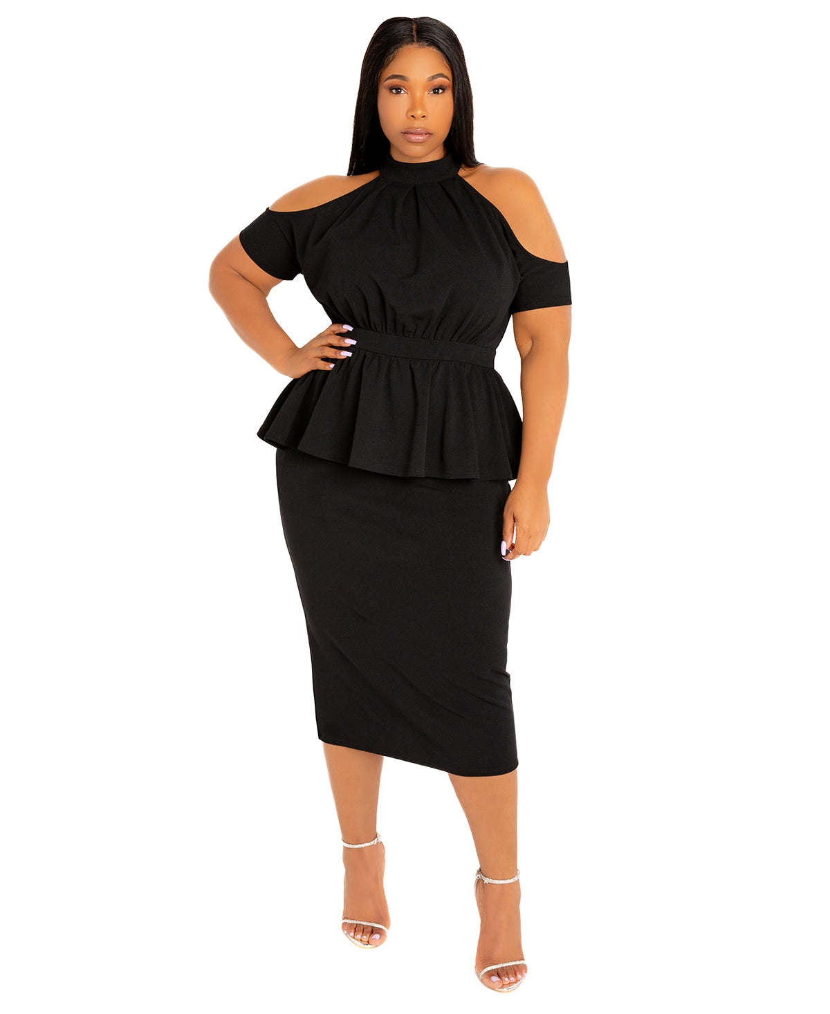 Plus Size Cut-out Shoulder Peplum Midi Dress - Royal blue