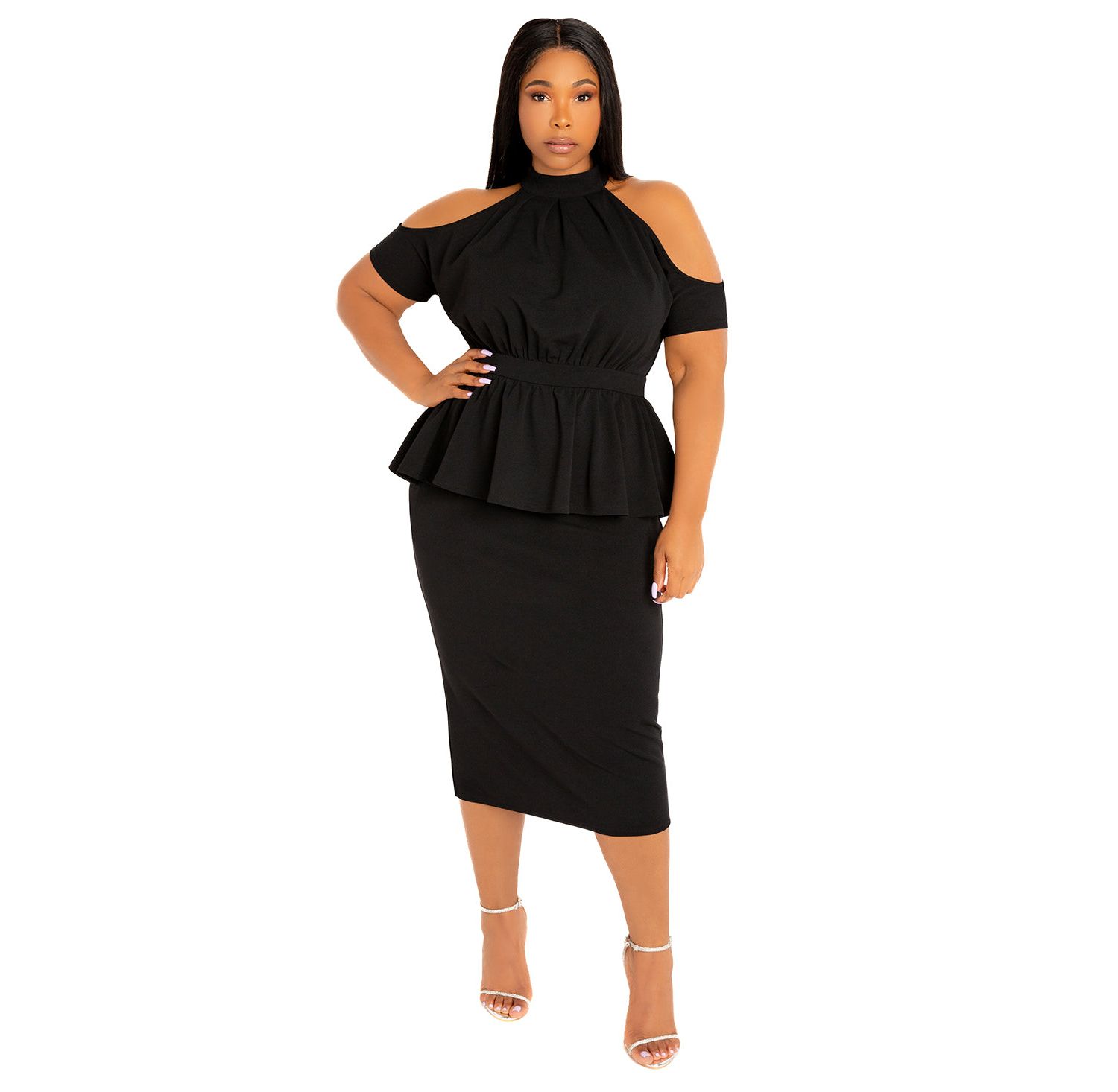 Plus Size Cut-out Shoulder Peplum Midi Dress