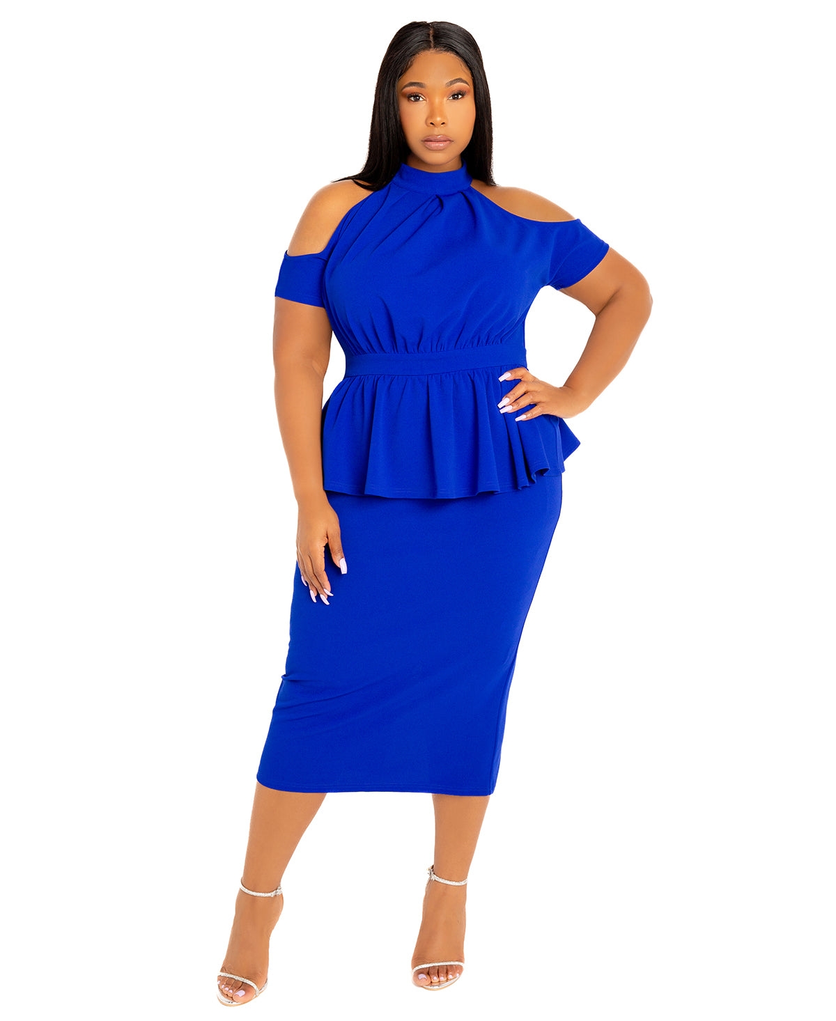 Shop Buxom Couture Plus Size Cut-out Shoulder Peplum Midi Dress In Royal Blue