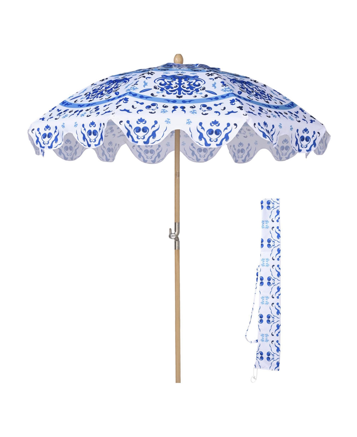 Our Beach Portable Umbrella for Sand Beech Wood Pole Carry Bag with Printed Porcelain Love Cute Garden Parasol - Natrual