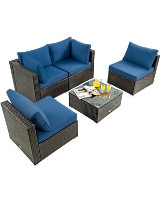 5PCS Patio Rattan Furniture Set Cushioned Sofa Chair Coffee Table