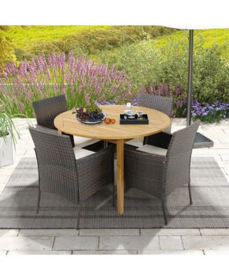 5 PCS Patio Dining Set Round Acacia Wood Table 4 Cushioned Wicker Armchairs