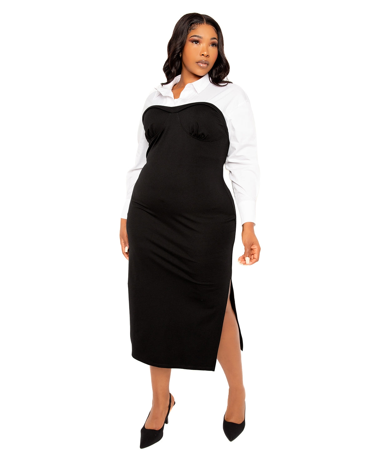 Plus Size Contrast Shirt Dress - Black