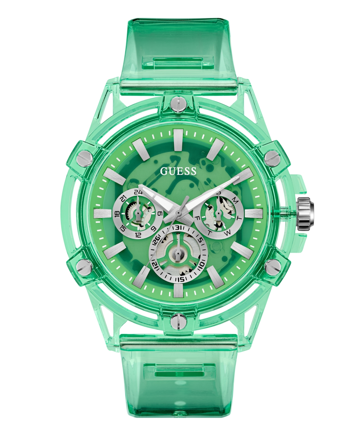 Guess Men's Multi-function Green Rubber Watch, 48mm In Green