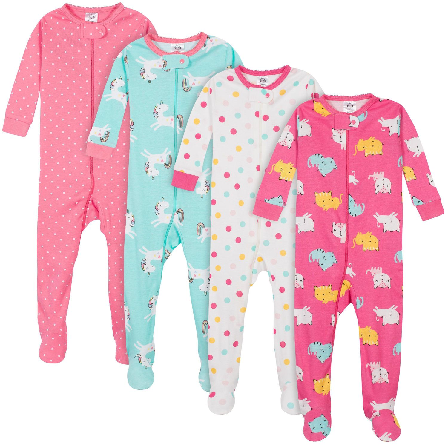 Baby Girls 4-Pack Snug Fit Footed Cotton Pajamas, Unicorns and Cats, 24 Months