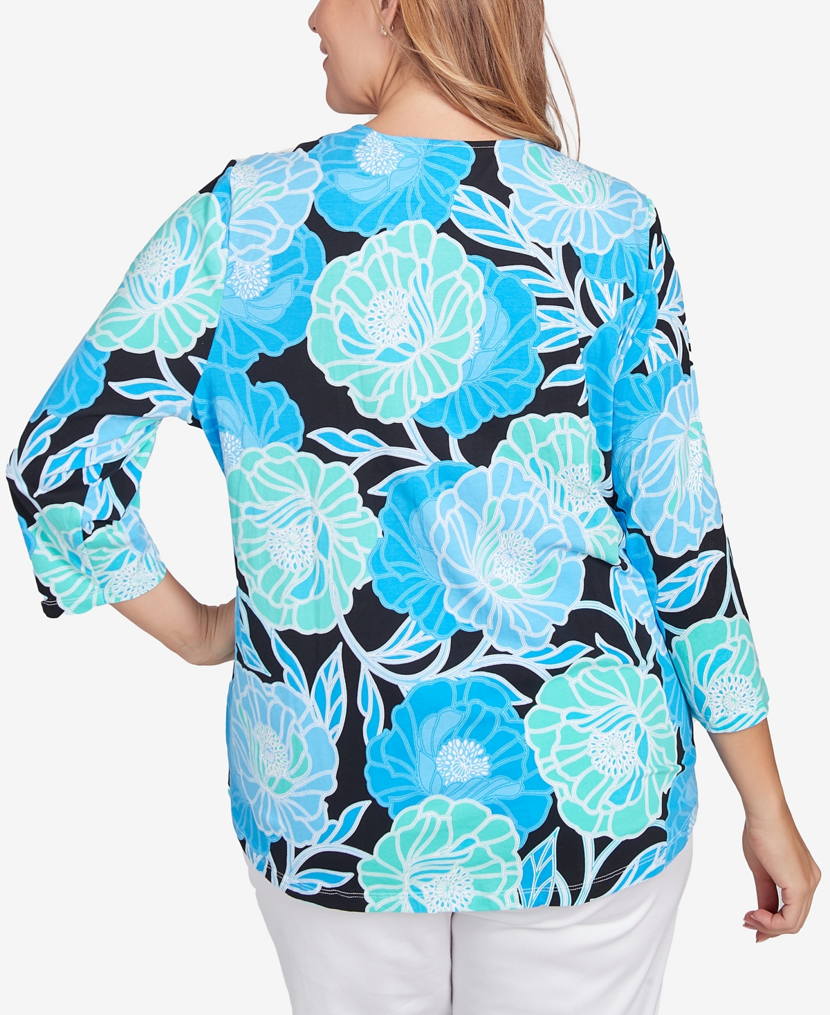 Ruby Rd. Plus Size Bold Poppies Envelope Neck Top In Lagoon Multi