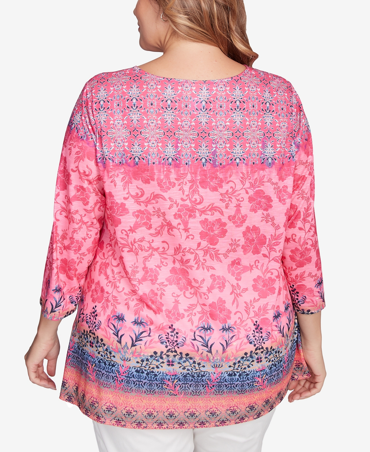 RUBY RD. PLUS SIZE FLORAL OMBRE BORDER SUBLIMATION KNIT TOP 