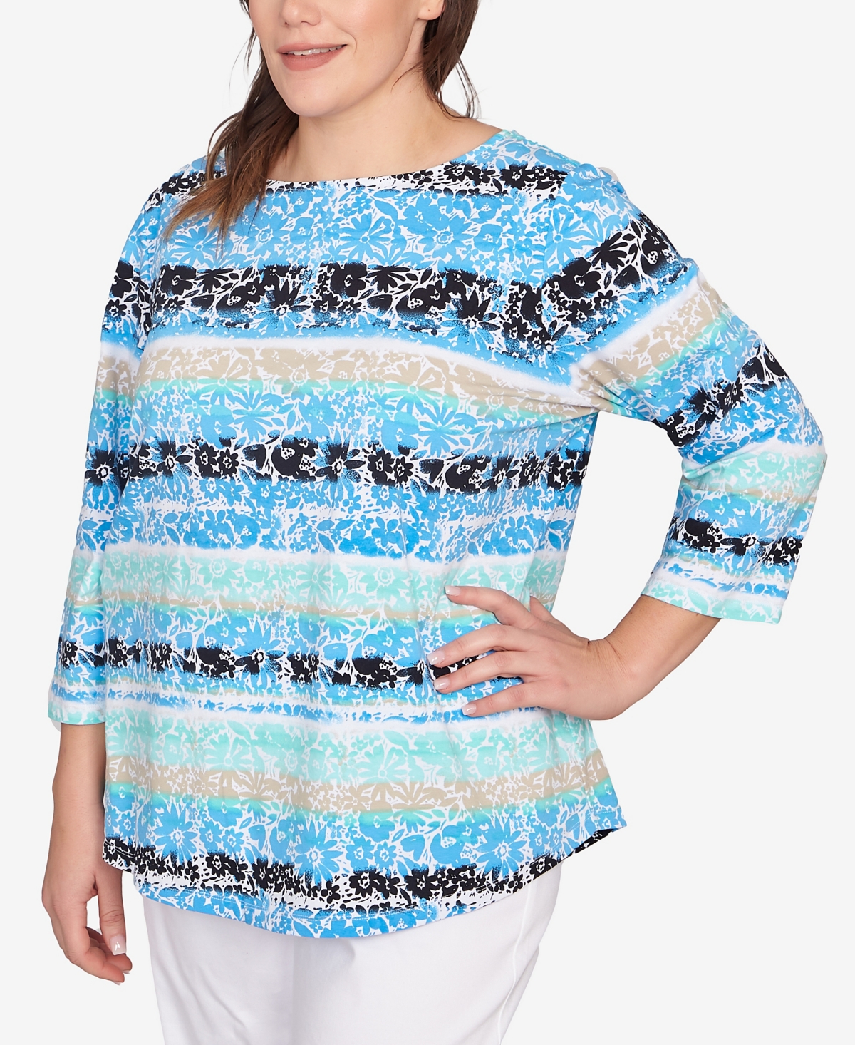 Ruby Rd. Plus Size Watercolor Floral Stripe Top In Lagoon Multi