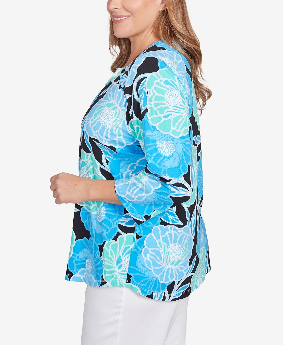 Ruby Rd. Plus Size Bold Poppies Envelope Neck Top In Lagoon Multi