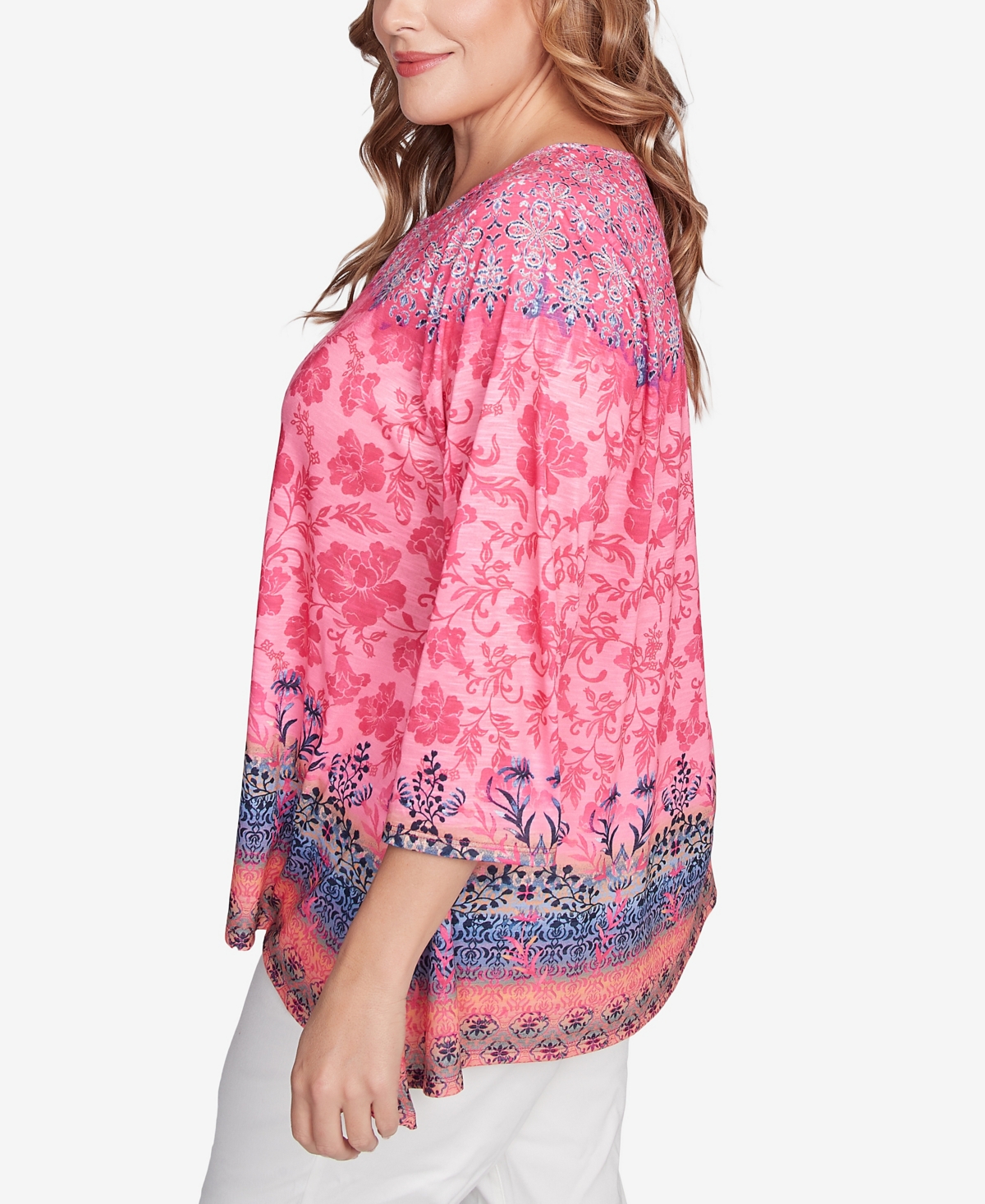 RUBY RD. PLUS SIZE FLORAL OMBRE BORDER SUBLIMATION KNIT TOP 