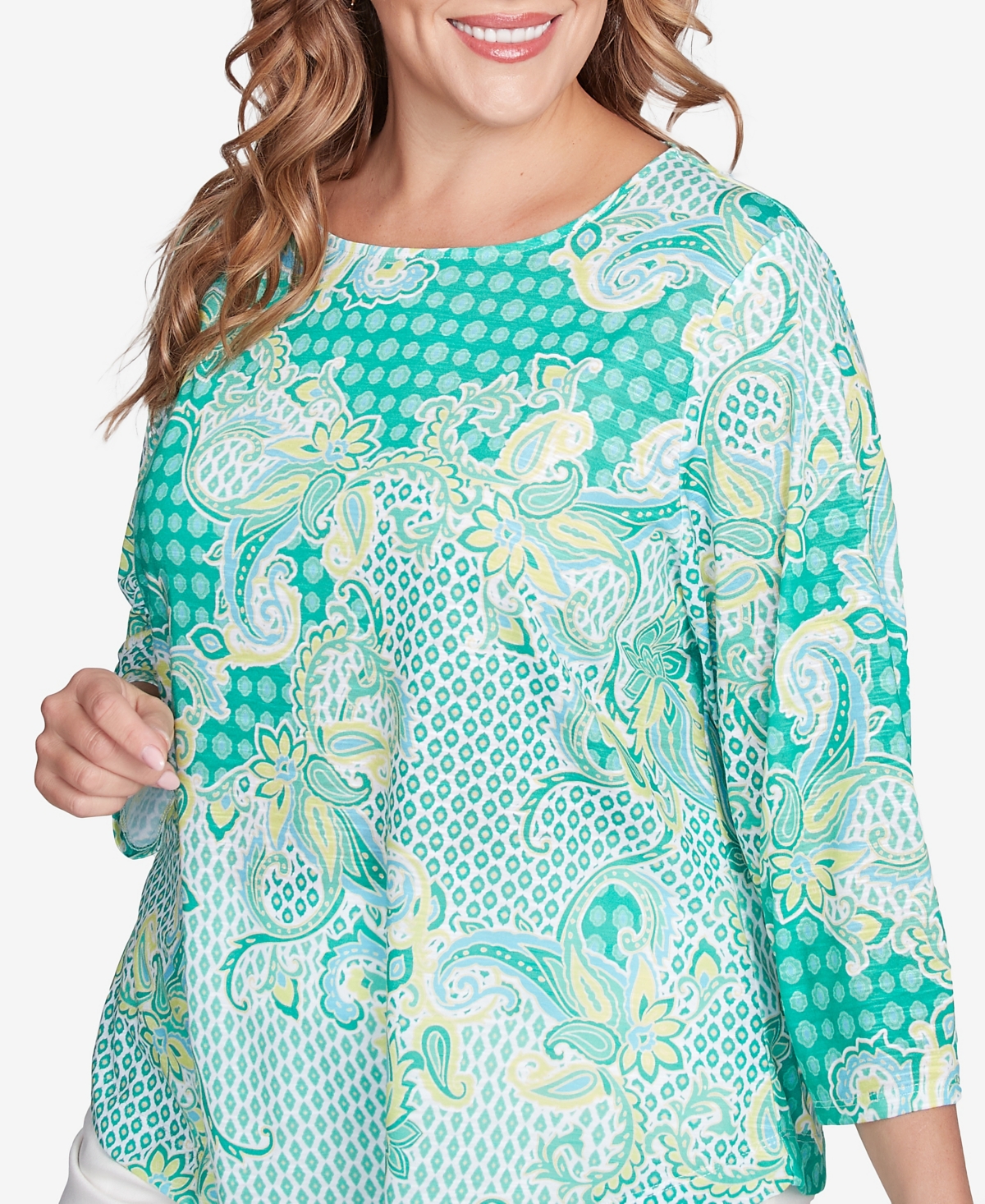 Ruby Rd. Plus Size Mixed Pattern Sublimation Knit Crew Neck Top In Parrot Multi