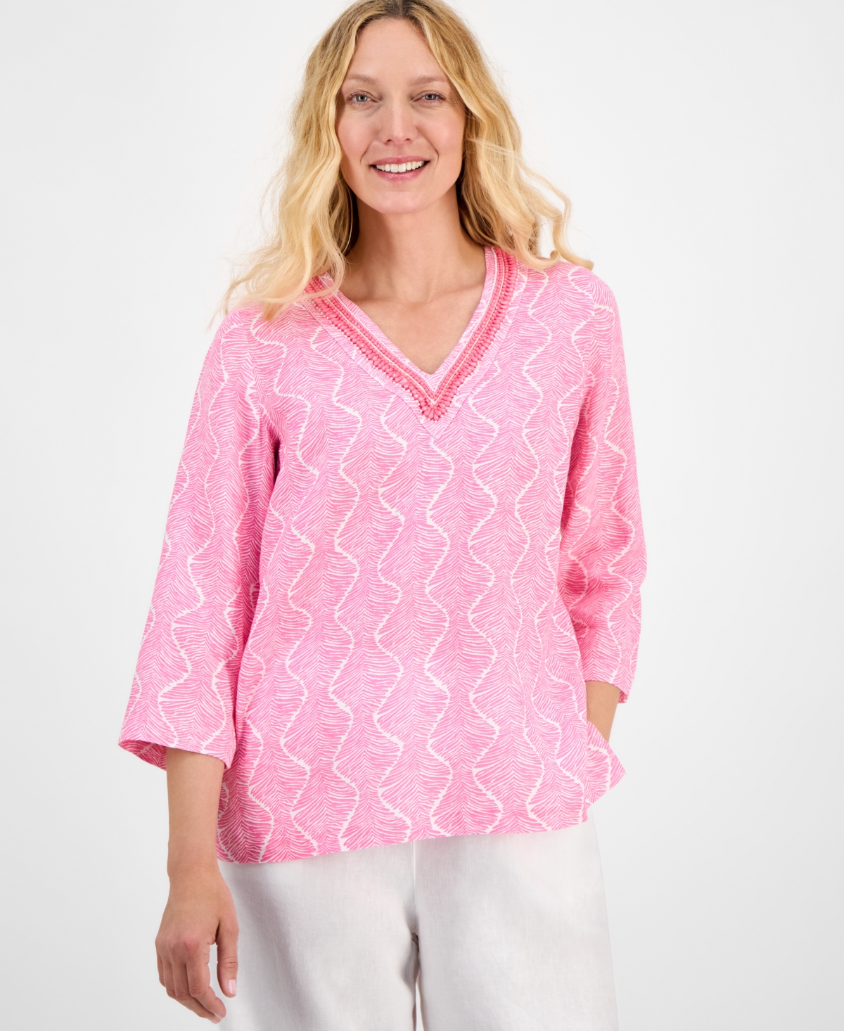 CHARTER CLUB WOMEN'S PRINTED 100% LINEN EMBELLISHED TOP, EXCLUSIVELY AT MACY'S 