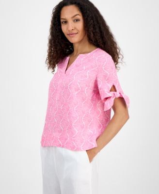 Charter Club - Women's Linen Printed Tie-Cuff Blouse