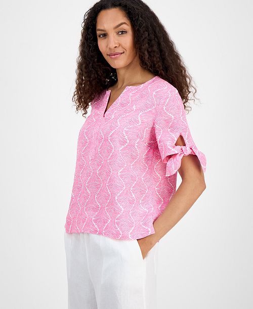 alfani Charter Club Women's 100% Linen Printed Tie-Cuff Blouse Exclusively at Macy's Women's Fashion Shoes & Accessories