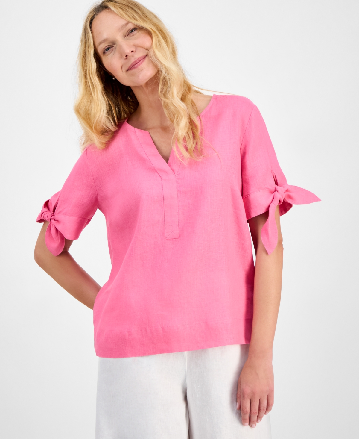 CHARTER CLUB CHARTER CLUB PLUS SIZE LINEN SOLID SPLIT-NECK TIE-CUFF TOP, EXCLUSIVELY AT MACY'S 
