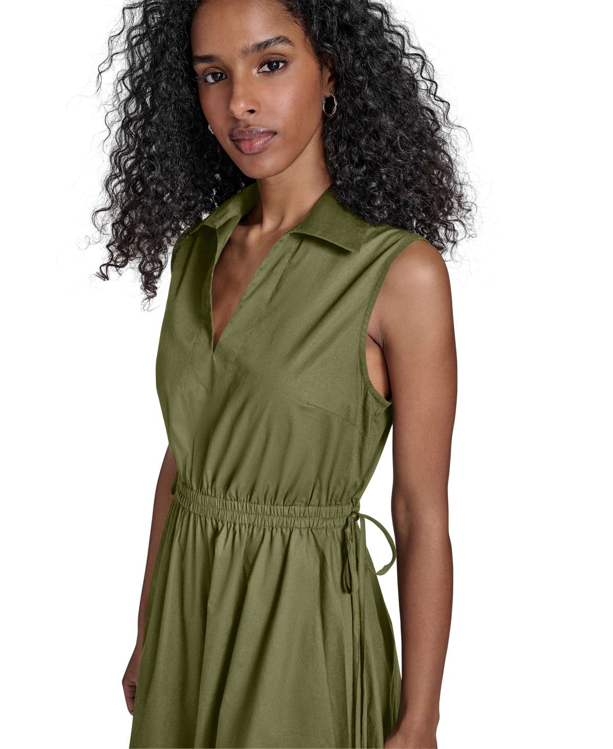 Shop Calvin Klein Women's Cotton Drawstring Sleeveless Midi Dress In Light Olive