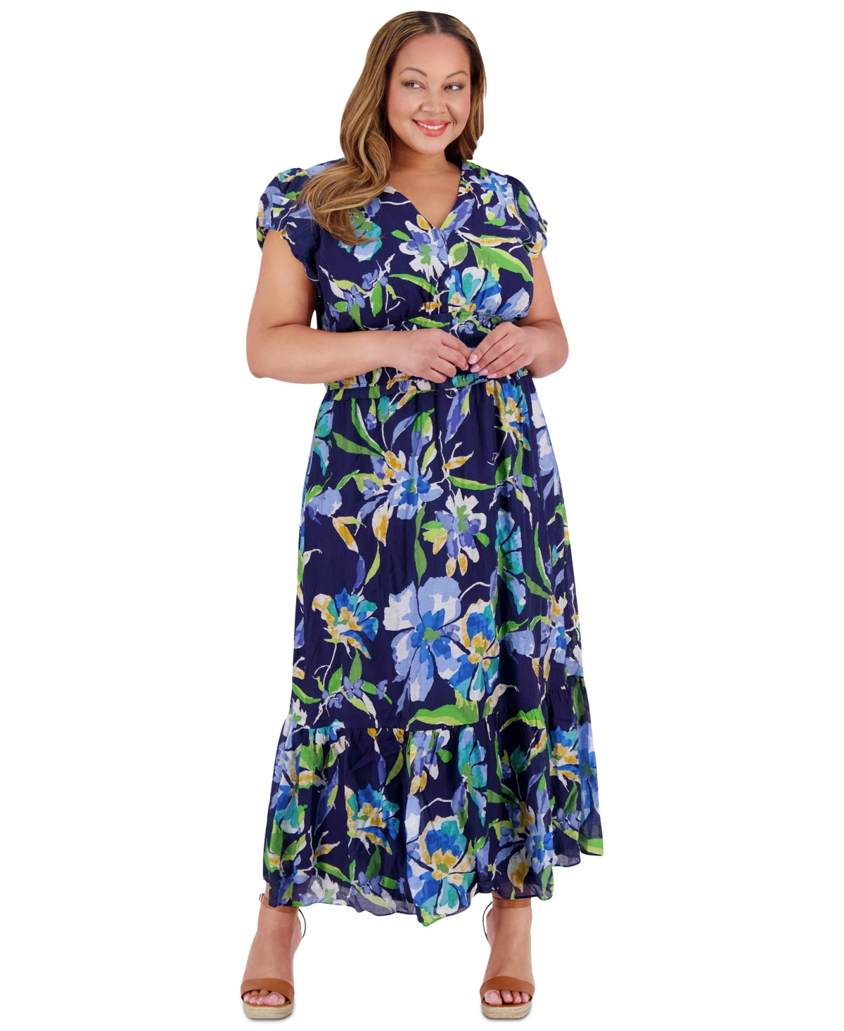 London Times Plus Size Printed Smocked-waist Bubble-sleeve Maxi Dress