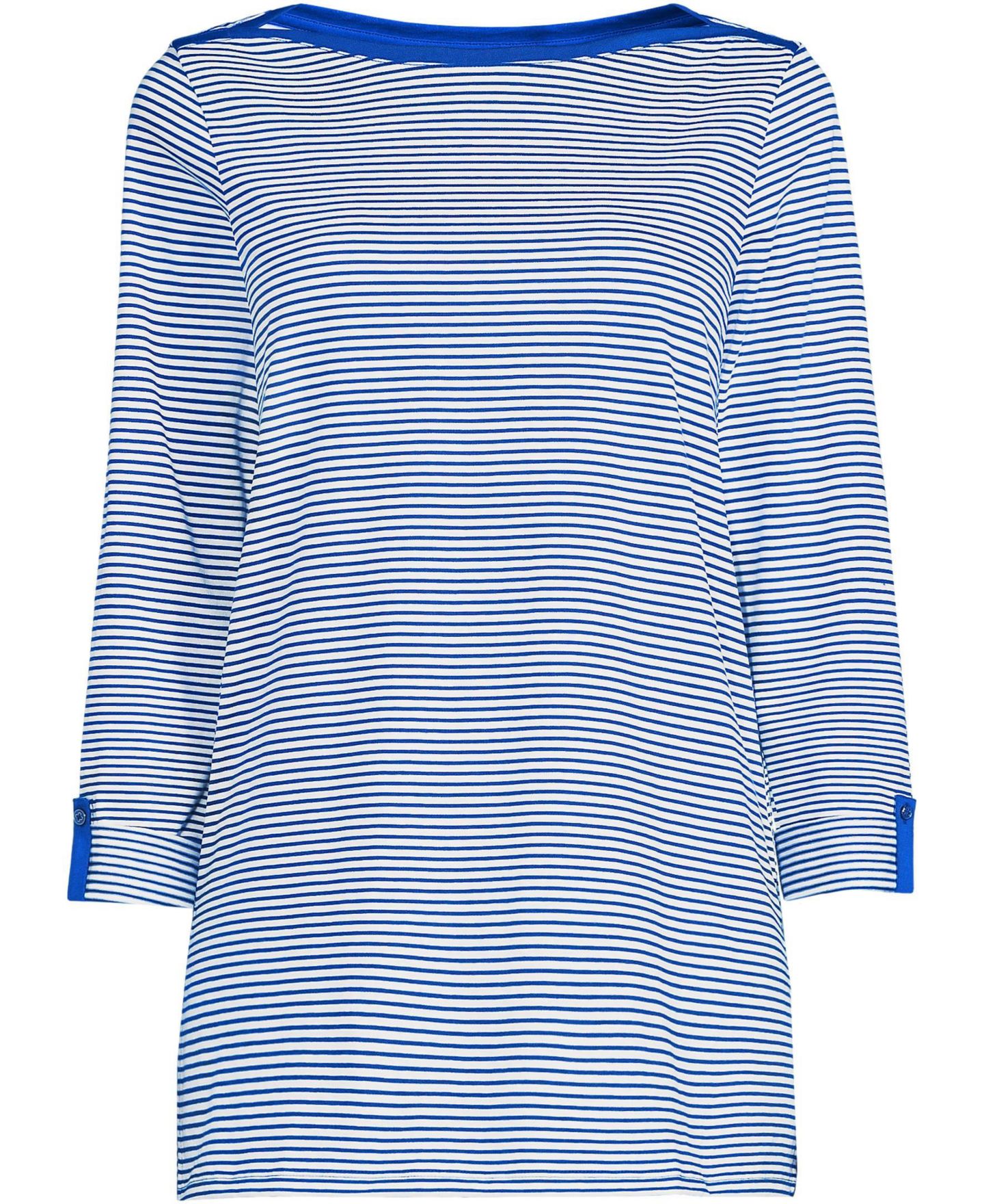 Женский топ Lands' End Supima Cotton Adjustable 3/4 Sleeve Boatneck Tunic, цвет: Кобальтовый / Слоновая кость полосатый — фото 3