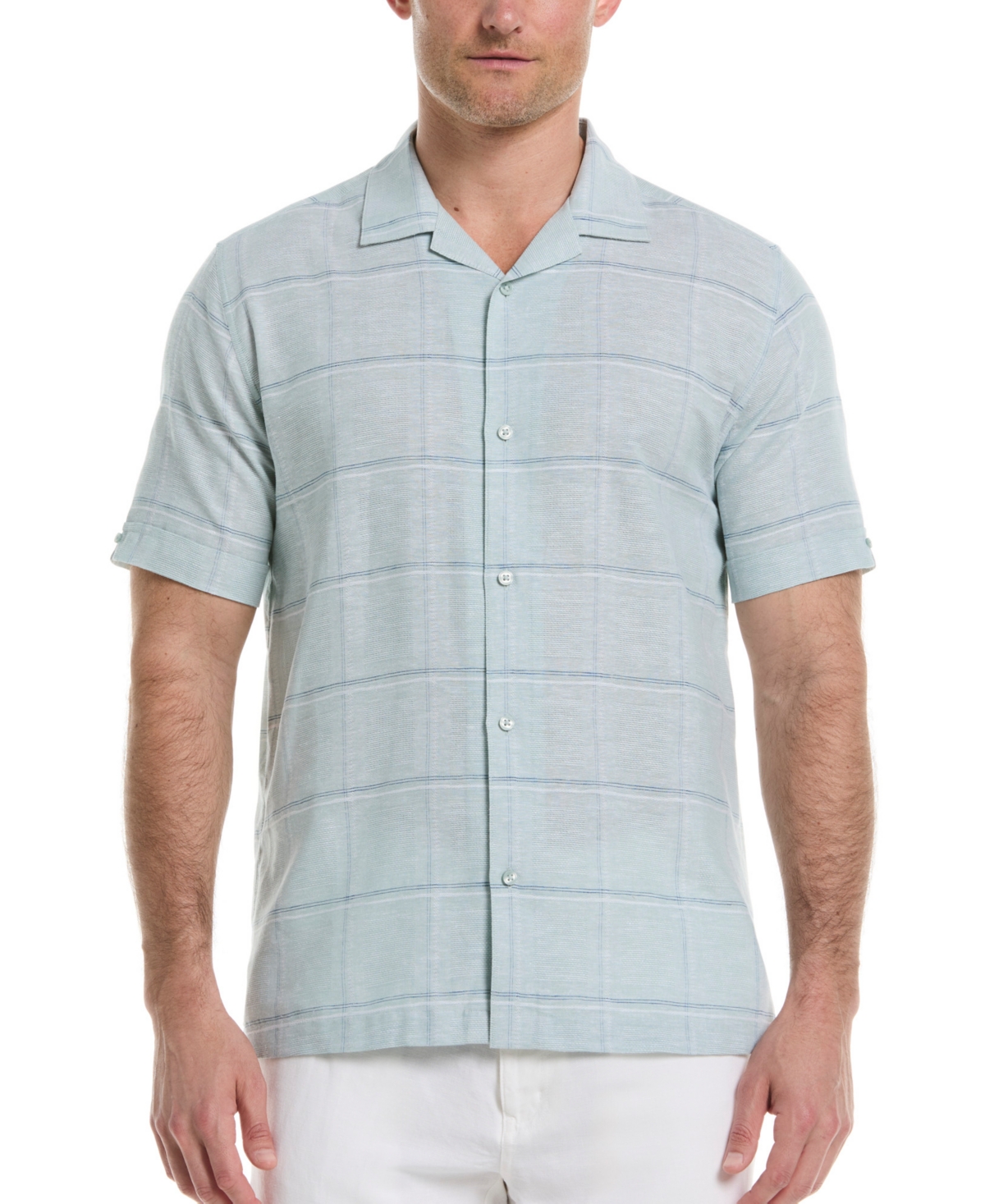 Men's Classic-Fit Windowpane-Print Linen Blend Camp Shirt - Blue Surf