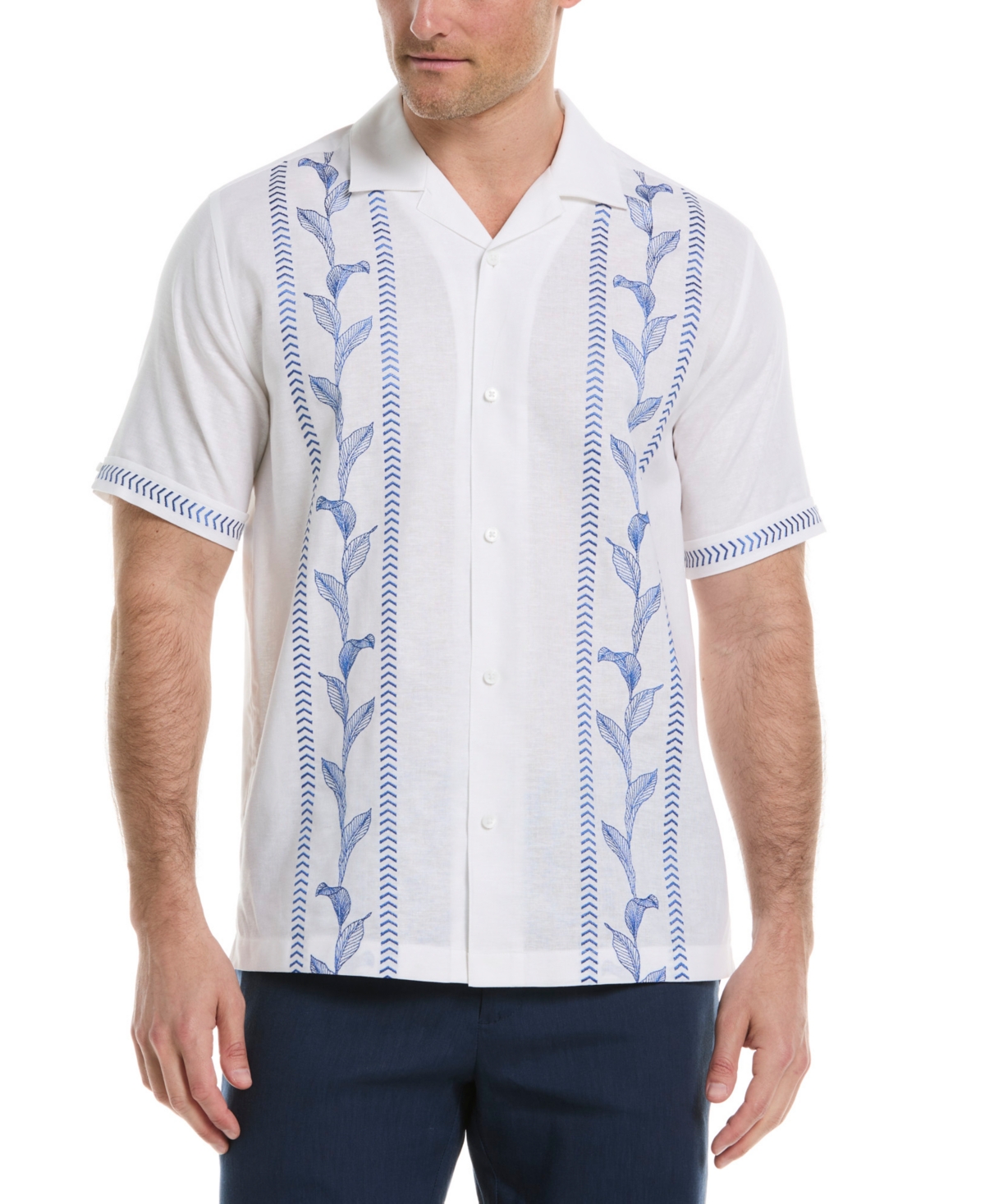 Men's Linen Blend Embroidery Leaf Button-Down Linen Shirt - Brilliant White