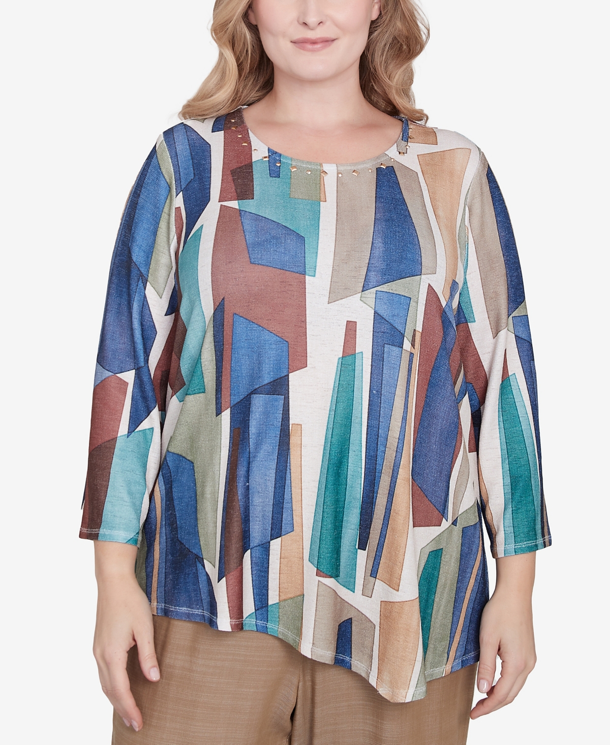 Alfred Dunner Plus Size Summer Solstice Abstract Stained Glass Crew Neck Top In Navy Multi
