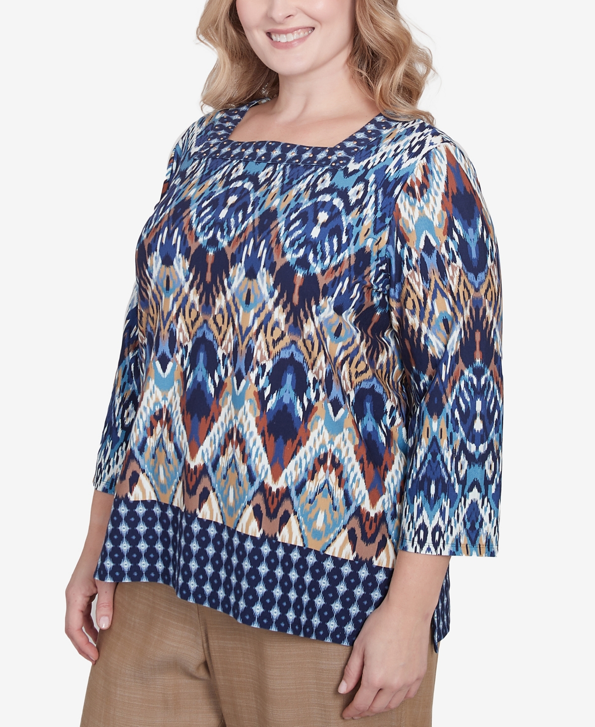Alfred Dunner Plus Size Summer Solstice Ikat Diamond Border Square Neck Top In Navy Multi