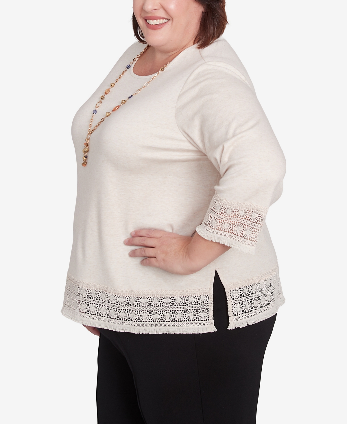 Alfred Dunner Plus Size Summer Solstice Lace Trimmed Knit Top With Necklace In Oatmeal