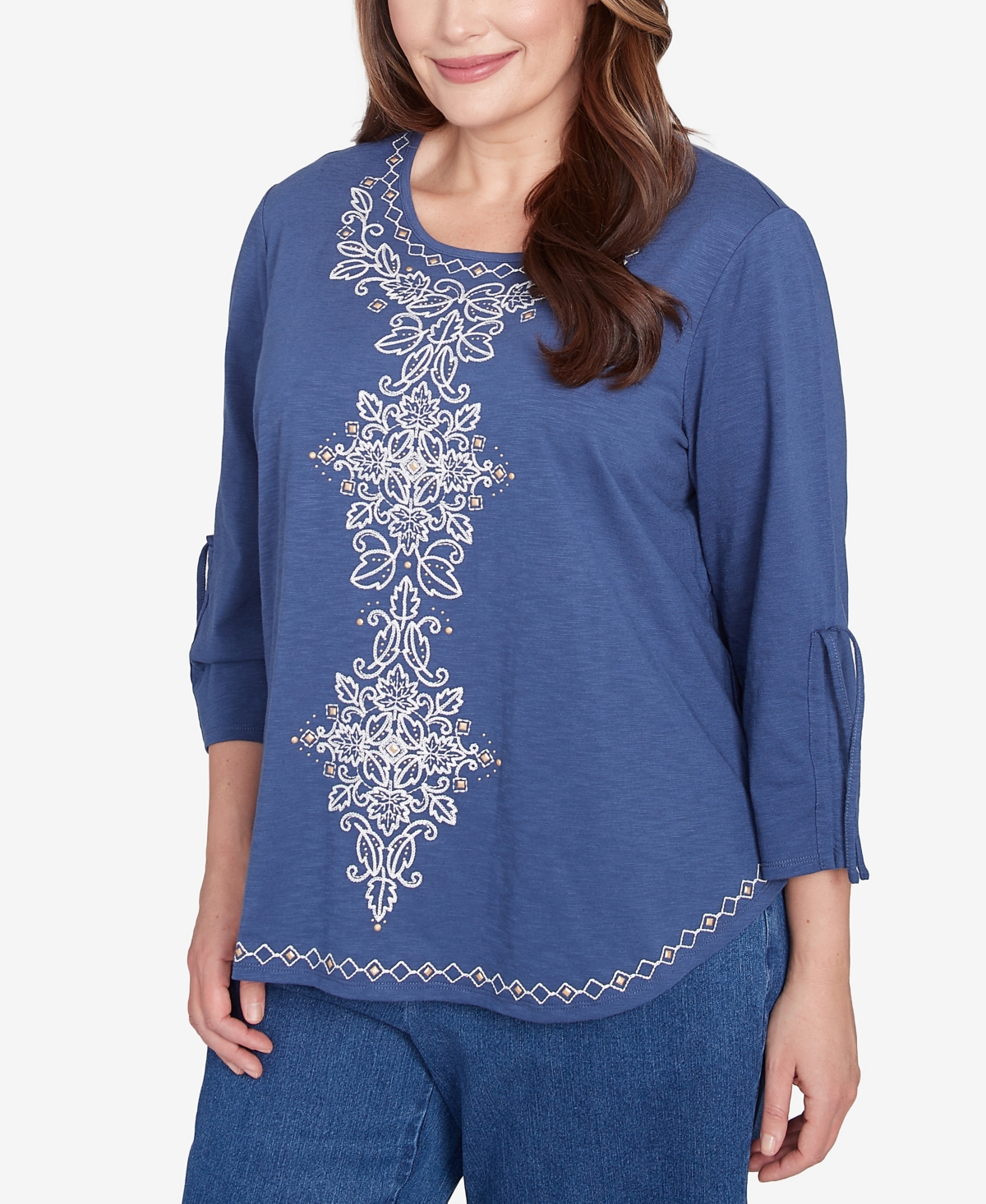 Alfred Dunner Plus Size Summer Solstice Embroidery Centered Tie Sleeve Top In Blueberry