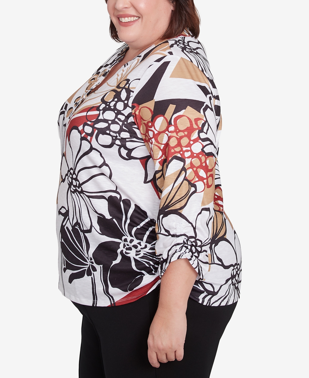 Alfred Dunner Plus Size Natural Instinct Bold Floral Illustrated Henley Top In Multi