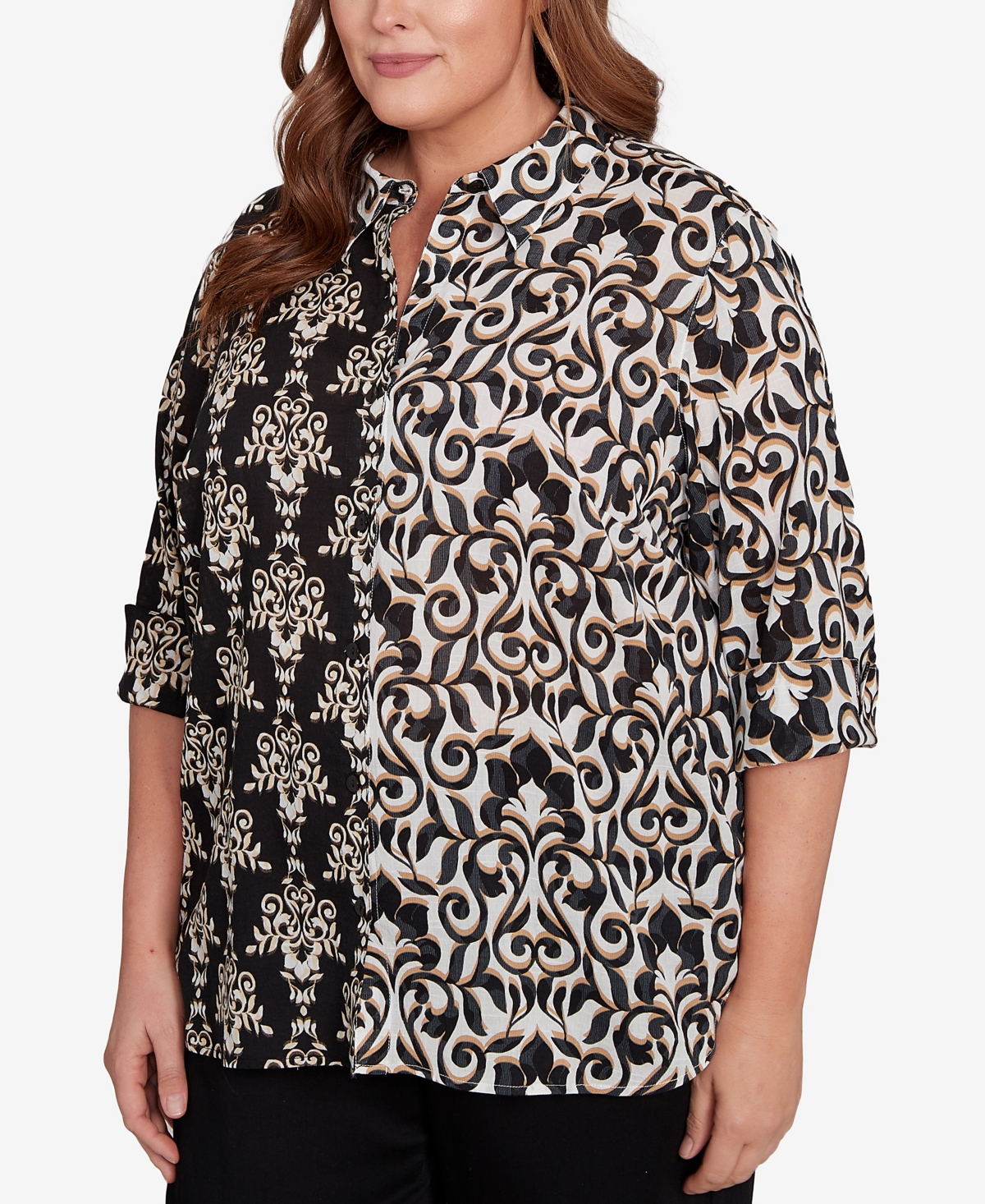 Alfred Dunner Plus Size Natural Instinct Medallion Twin Print Button Front Top In Black