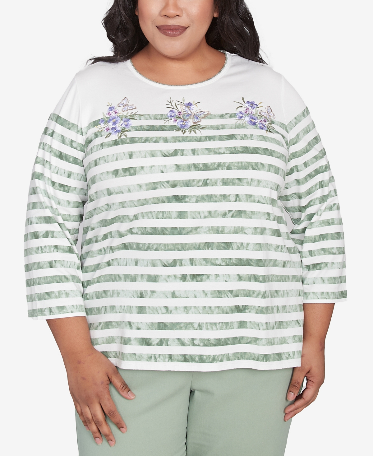 Plus Size Santa Fe Tie Dye Stripe Embroidered Top - Aloe