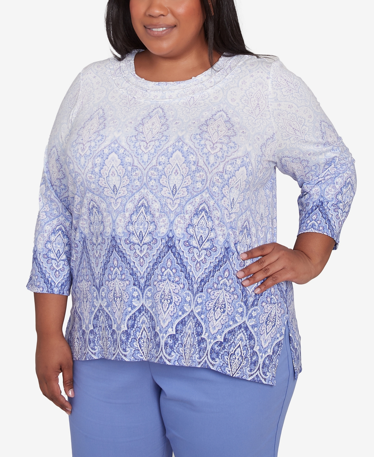 Alfred Dunner Plus Size Santa Fe Ombre Medallion Crew Neck Printed Top In Iris