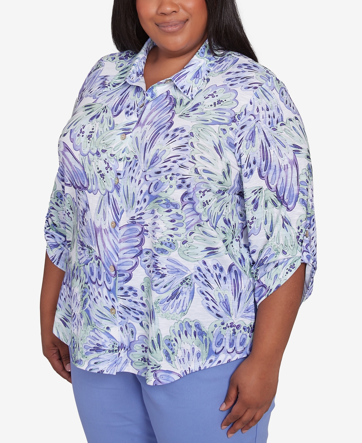 Alfred Dunner Plus Size Santa Fe Abstract Butterfly Collared Button Front Top In Iris Multi