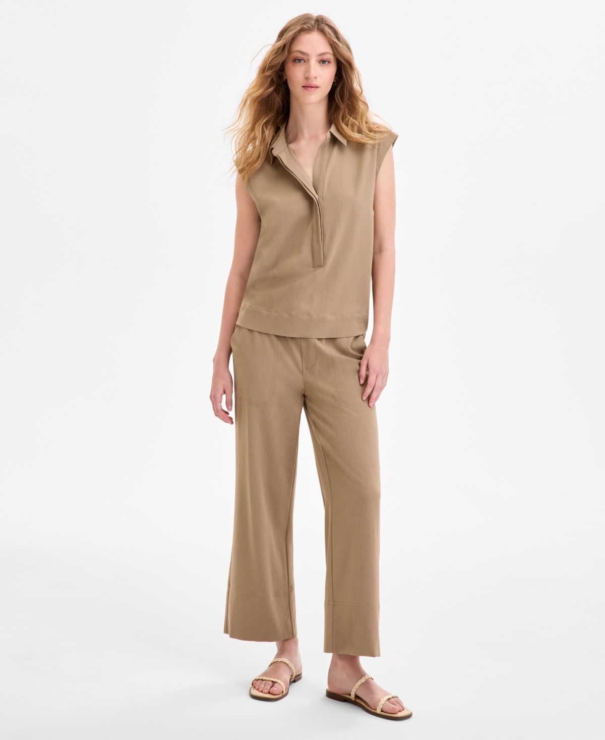 Liverpool Los Angeles Womens Sleeveless Collared Elastic Back Top Pull On Wide Leg Crop Pants In Brown
