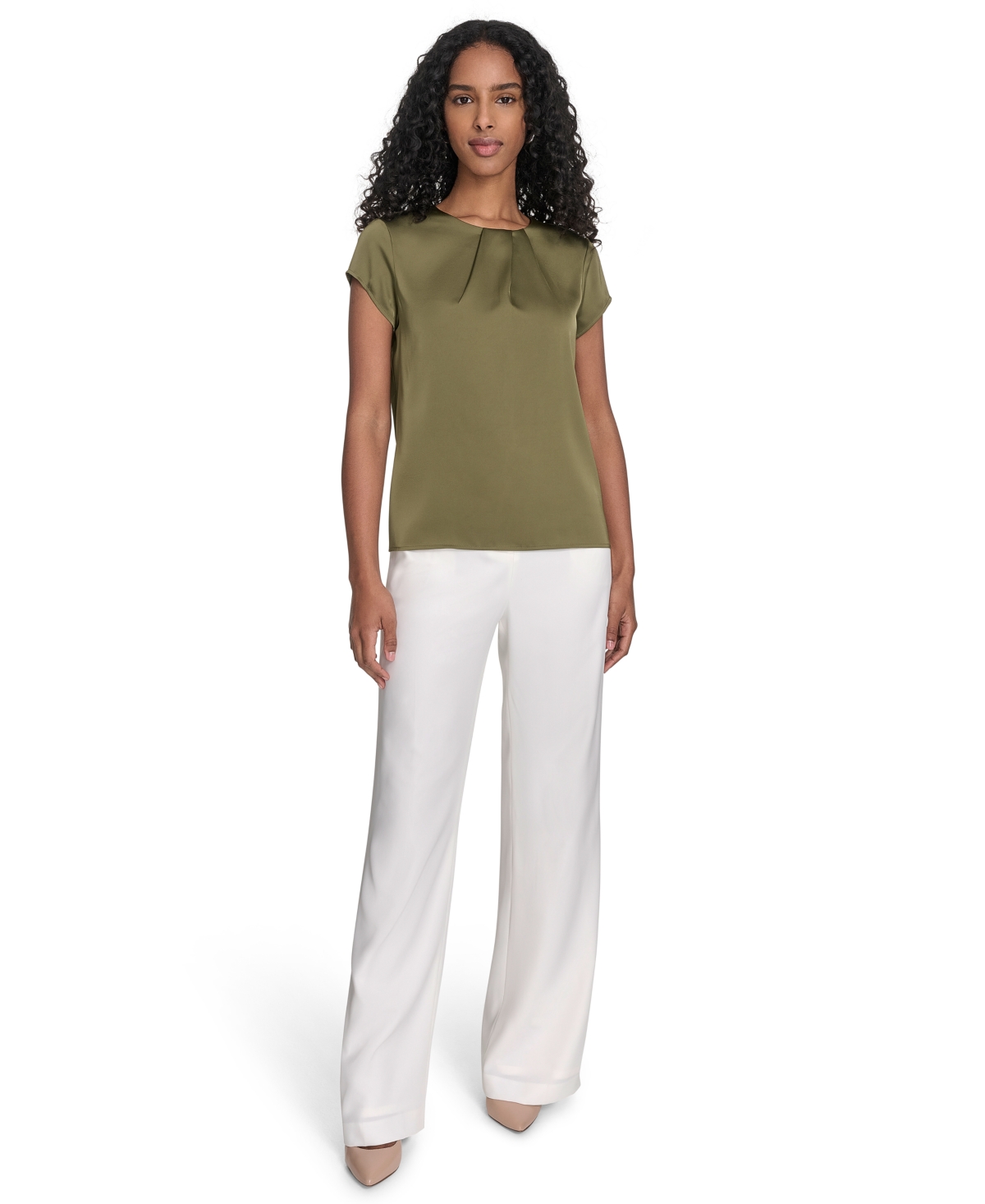 Calvin Klein Women's Cap Sleeve Satin Pleat-neck Blouse
