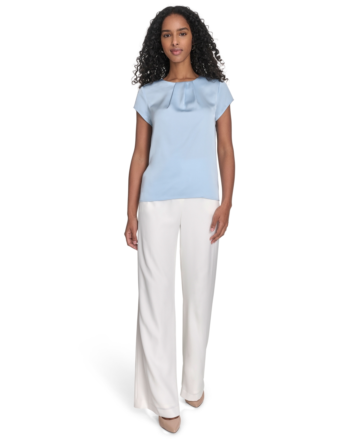 Calvin Klein Women's Cap Sleeve Satin Pleat-neck Blouse