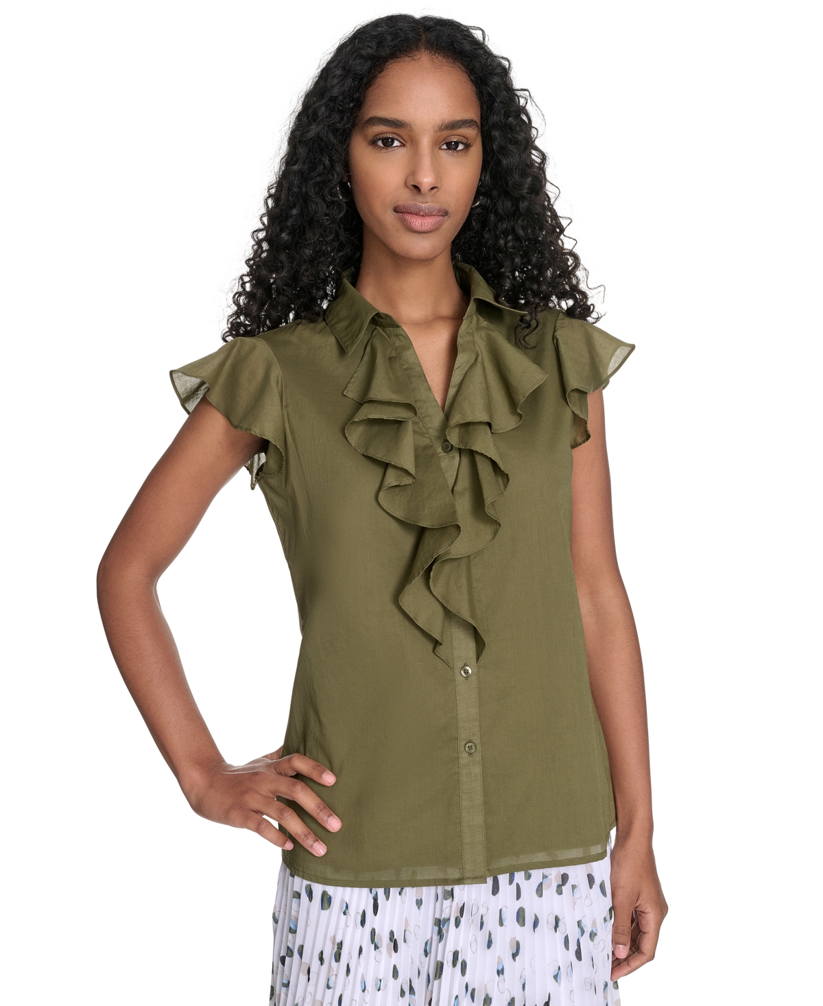 Calvin Klein Women's Cotton Button-front Ruffle Blouse