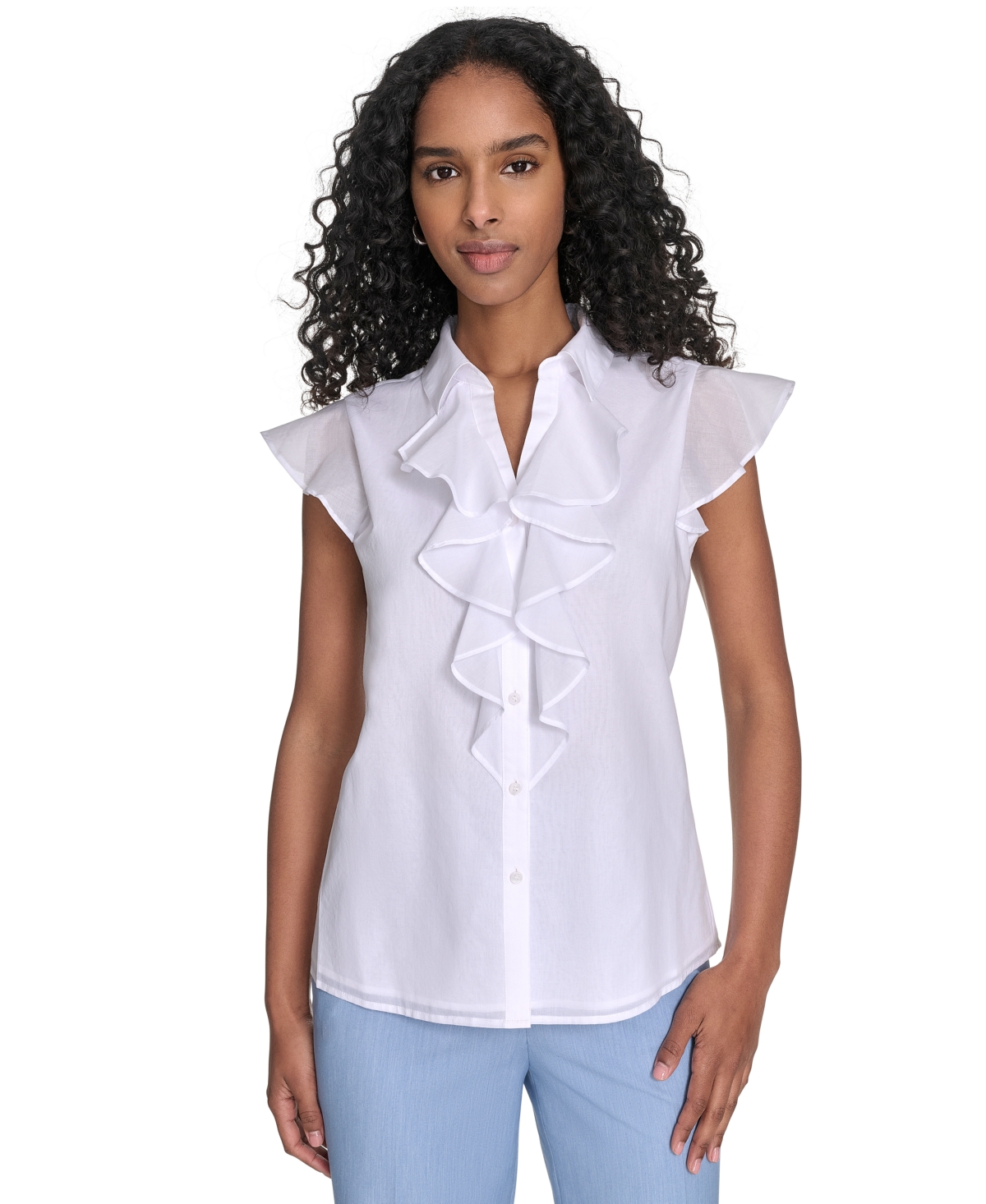 Calvin Klein Women's Cotton Button-front Ruffle Blouse