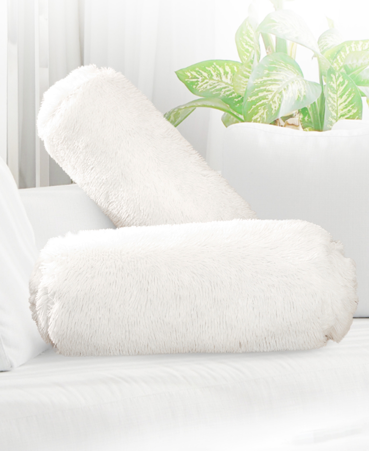 Cheer Collection Shaggy Bolster Decorative Pillow Set, 8" X 24" In White