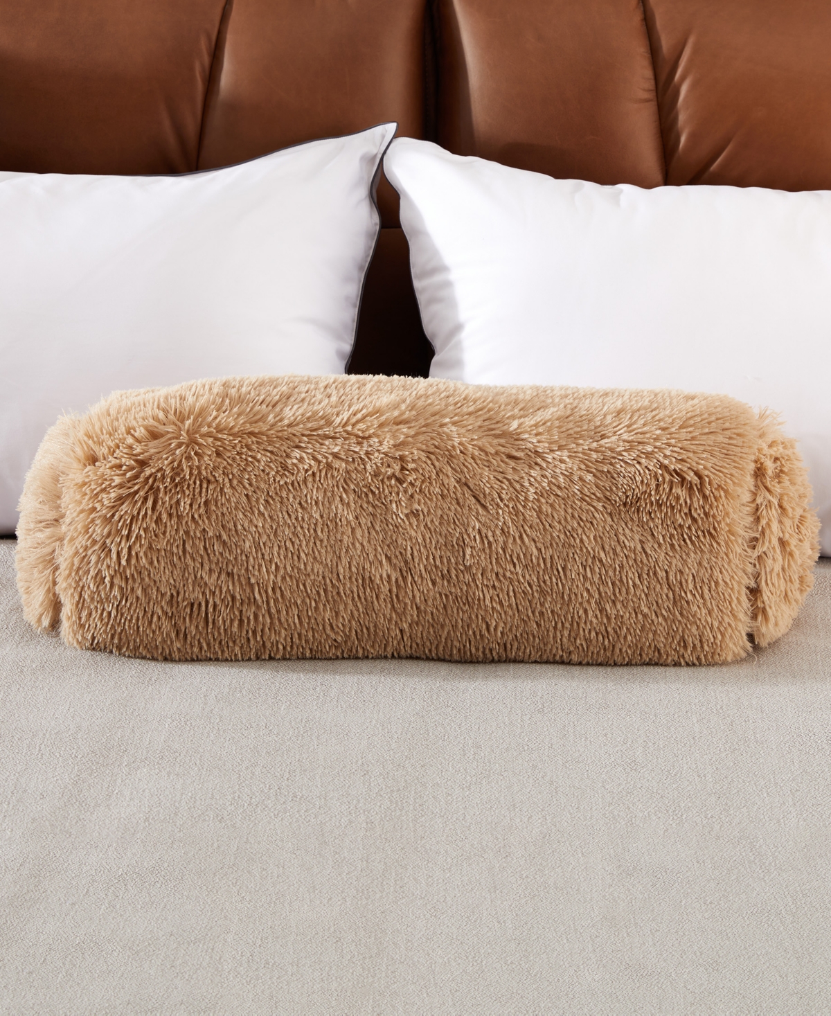 Cheer Collection Shaggy Bolster Decorative Pillow Set, 8" X 24" In Brown