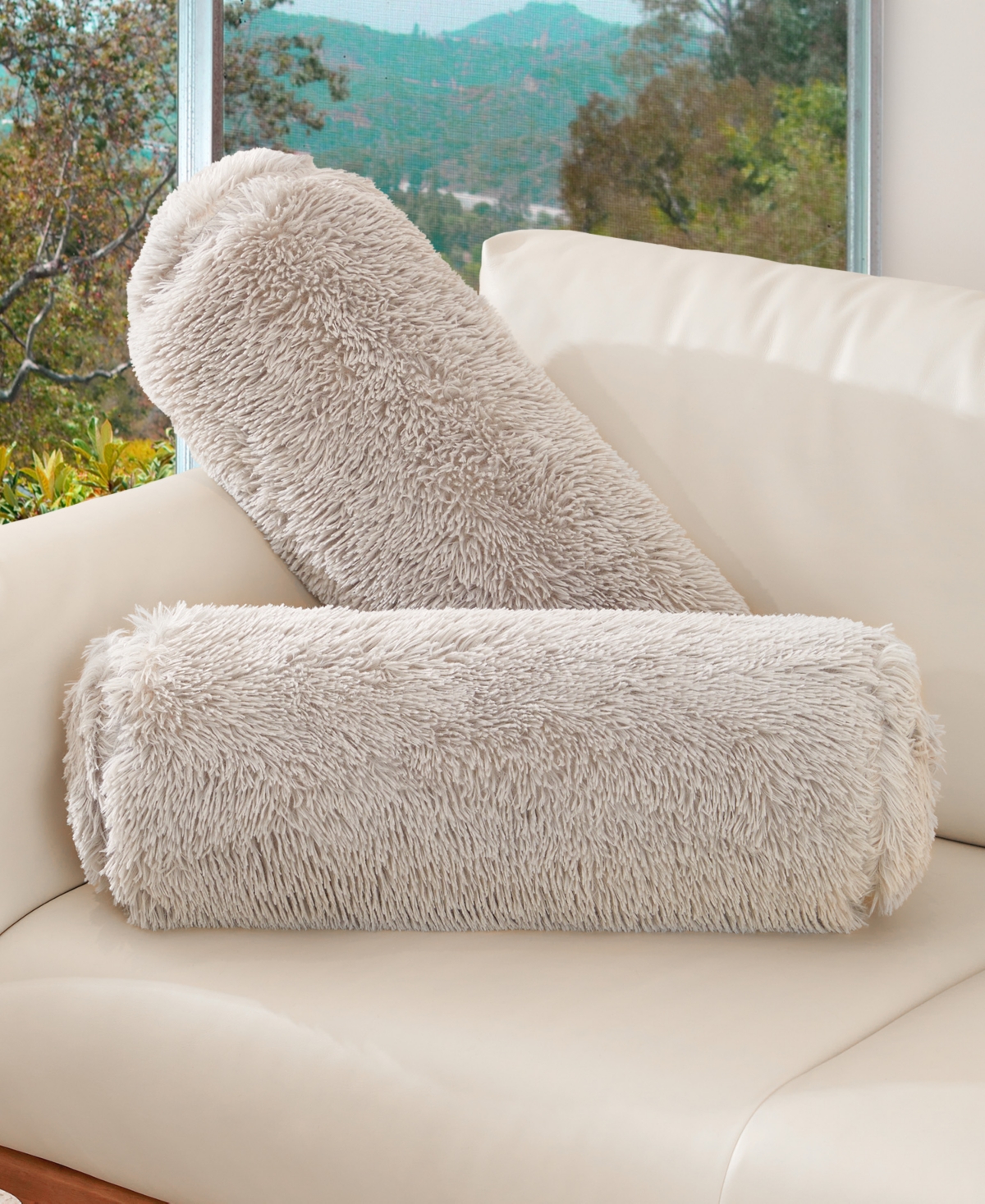 Cheer Collection Shaggy Bolster Decorative Pillow Set, 8" X 24" In Gray