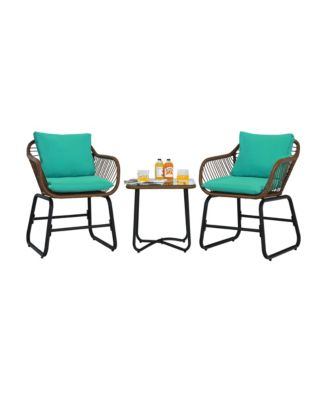 3PCS Patio Rattan Bistro Set Cushioned Chair Glass Table Deck
