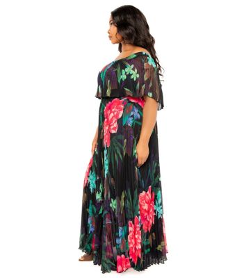 Plus Size Floral Off Shoulder Pleated Maxi Dress