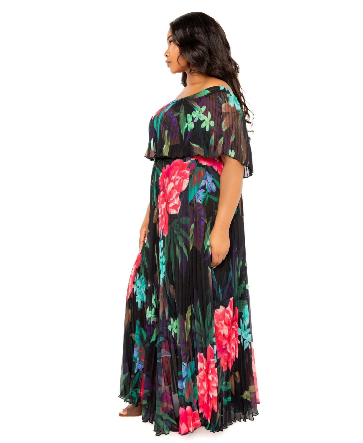 Plus Size Ombre Off Shoulder Pleated Maxi Dress
