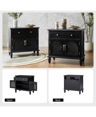 Dyals Traditional 27"Tall End Table Design Rattan Cabinet Doors with Built-in Power Outlet and Adjustable Shelf