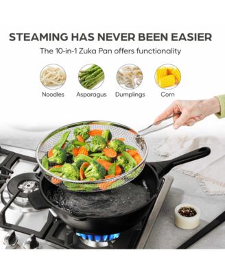 Zuka Everyday Pan 4.25 Qt. Ceramic 10 in 1 Nonstick Multi-Functional Saute Pan with Lid, Nylon Spoon, & Steamer Basket