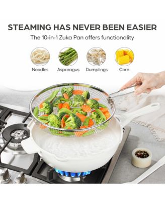 Zuka Everyday Pan 4.25 Qt. Ceramic 10 in 1 Nonstick Multi-Functional Saute Pan with Lid, Nylon Spoon, & Steamer Basket