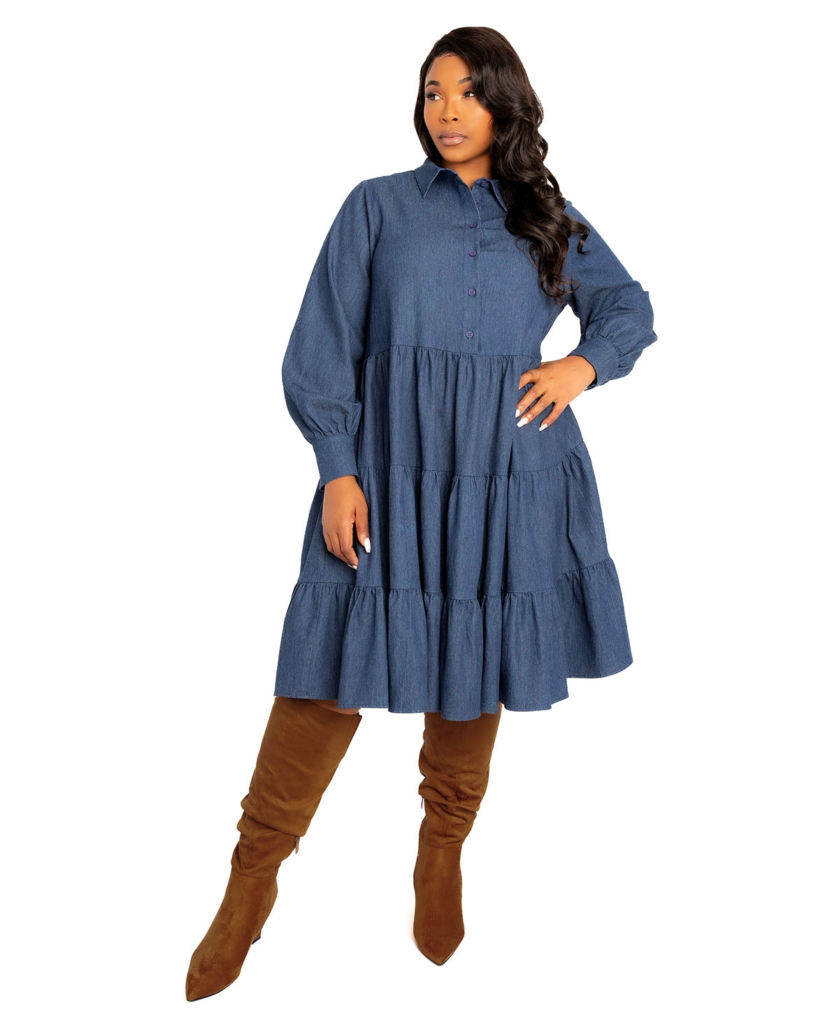 Plus Size Denim Long Sleeve Tiered Shirt Dress - Denim blue