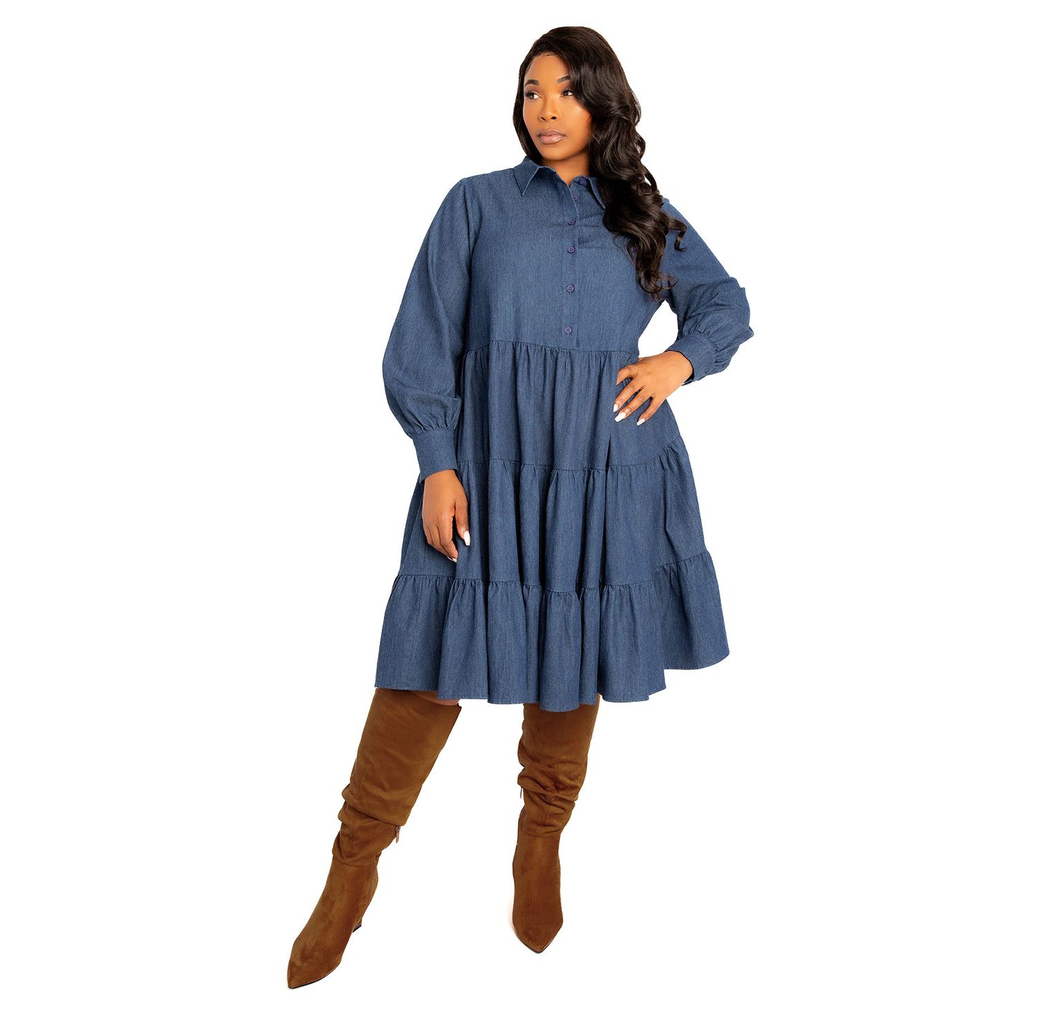 Plus Size Denim Long Sleeve Tiered Shirt Dress